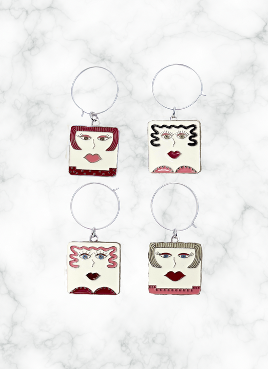 Sisters in Pink Wine Glass Charms - set of four women's faces in shades of pink