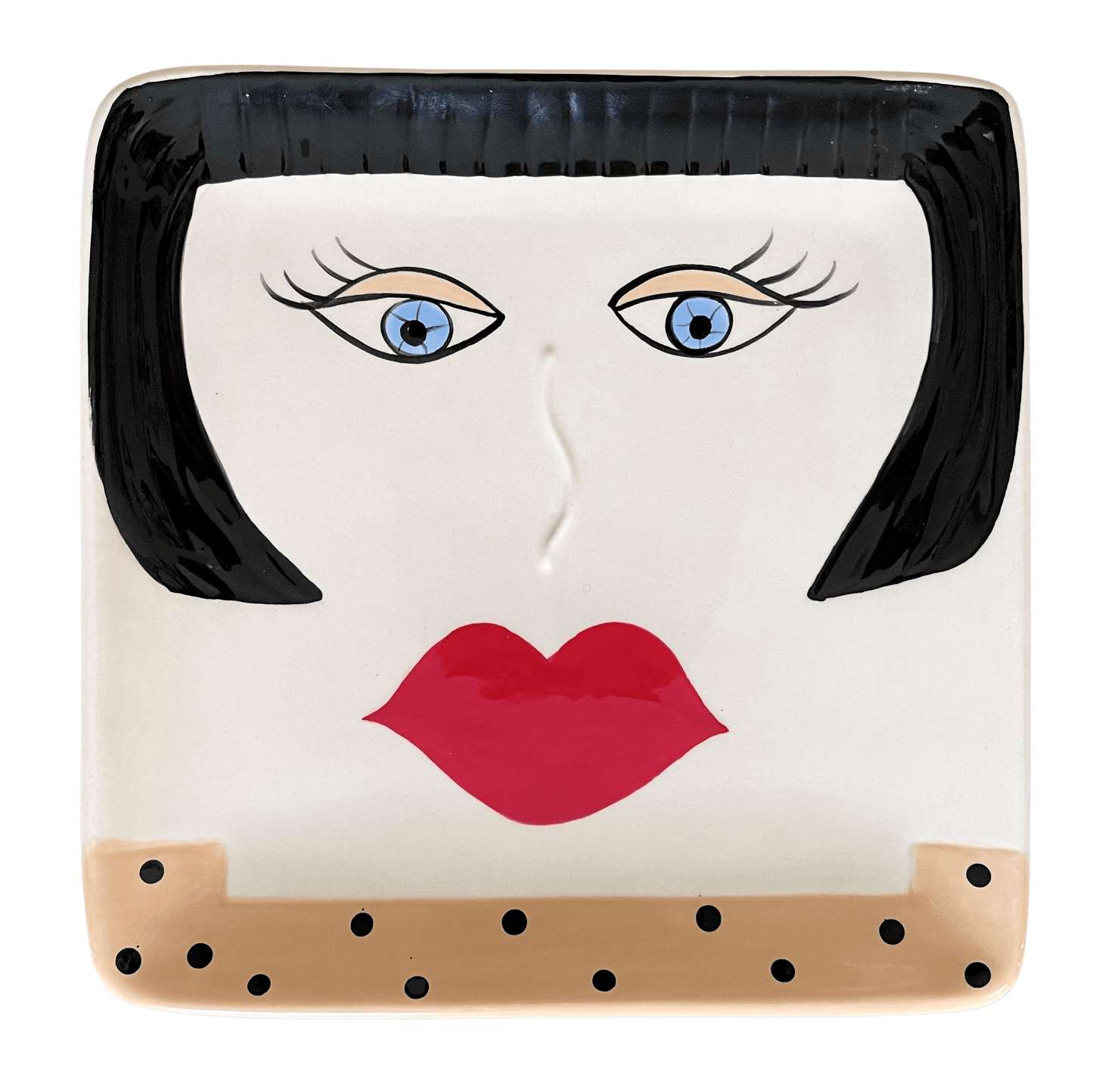 7 3/4" x 7 3/4" plate - black hair with blue eyes, red lipstick, tan polka dot top