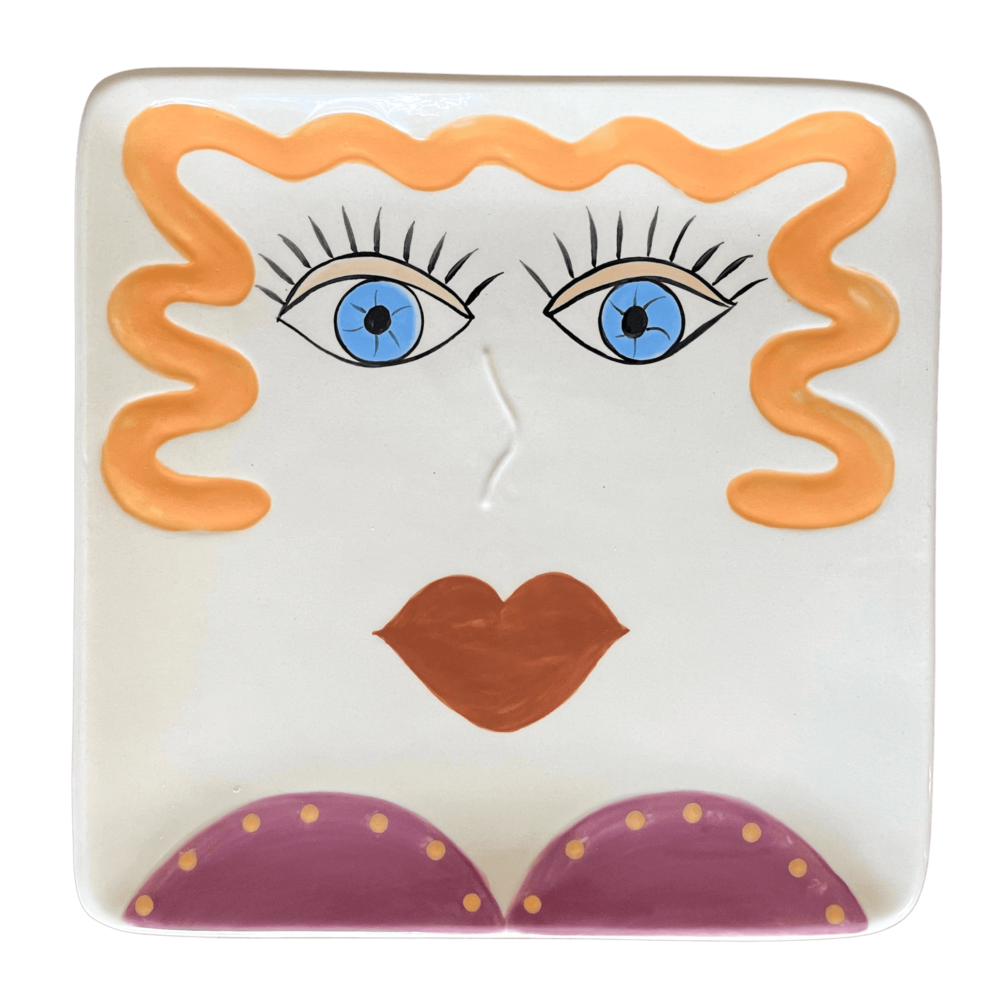 7 3/4" x 7 3/4" plate - orange hair, blue eyes, brown lipstick, purple dress