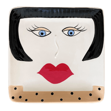 Load image into Gallery viewer, 7 3/4&quot; x 7 3/4&quot;  plate - black hair with blue eyes, red lipstick, tan polka dot top
