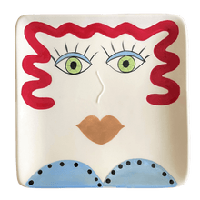 Load image into Gallery viewer, 7 3/4&quot; X 7 3/4&quot; plate - red hair, green eyes, nude lipstick, light blue eye shadow and dress
